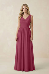 V - Neck A - Line Bridesmaid Dress with Back Bow in Desert Rose - KissProm Bridesmaid Dresses