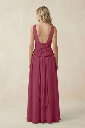 V - Neck A - Line Bridesmaid Dress with Back Bow in Desert Rose - KissProm Bridesmaid Dresses