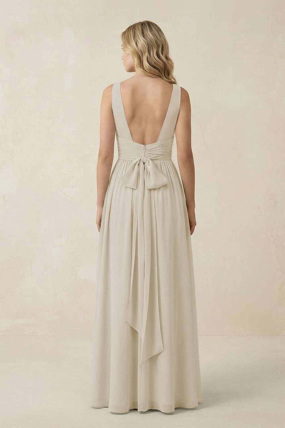 V - Neck A - Line Bridesmaid Dress with Back Bow in Dove Gray - KissProm Bridesmaid Dresses