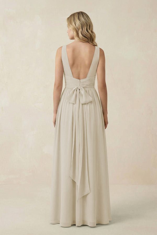 V - Neck A - Line Bridesmaid Dress with Back Bow in Dove Gray - KissProm Bridesmaid Dresses