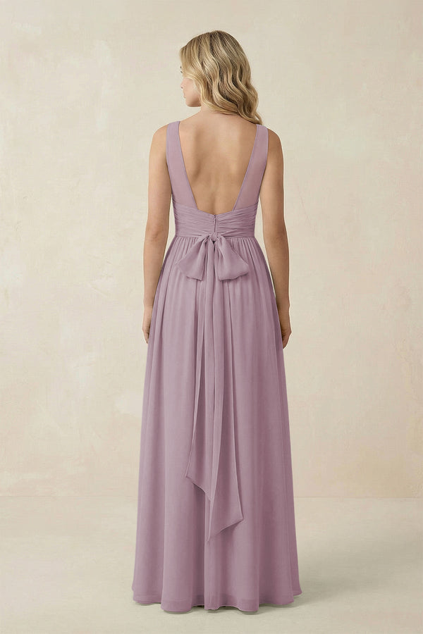 V - Neck A - Line Bridesmaid Dress with Back Bow in Dusk - KissProm Bridesmaid Dresses
