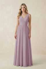 V - Neck A - Line Bridesmaid Dress with Back Bow in Dusk - KissProm Bridesmaid Dresses