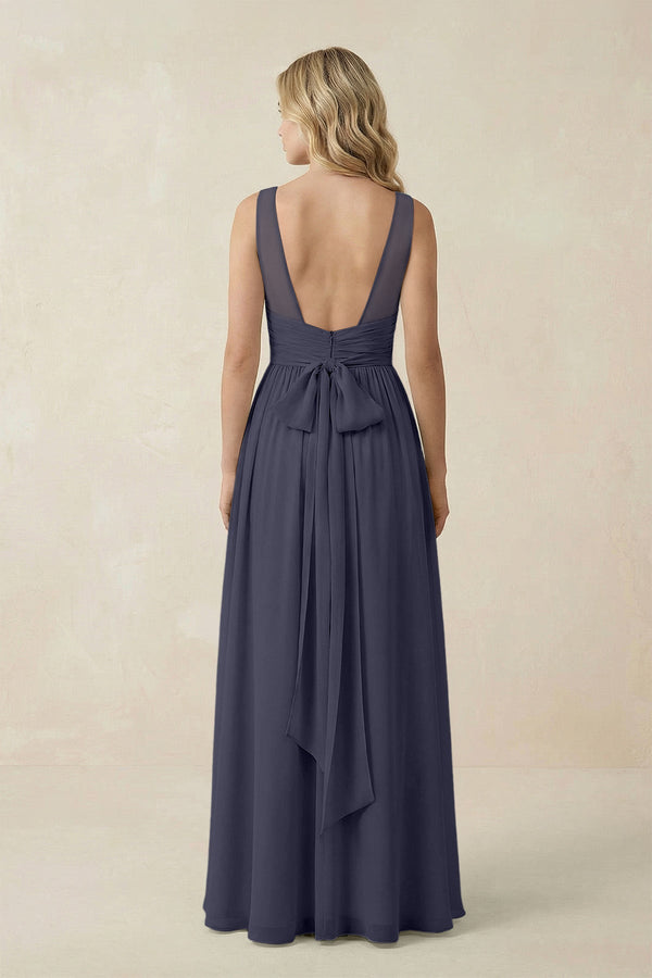 V - Neck A - Line Bridesmaid Dress with Back Bow in Dusk Blue - KissProm Bridesmaid Dresses