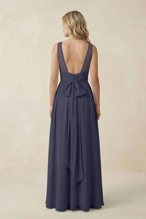 V - Neck A - Line Bridesmaid Dress with Back Bow in Dusk Blue - KissProm Bridesmaid Dresses
