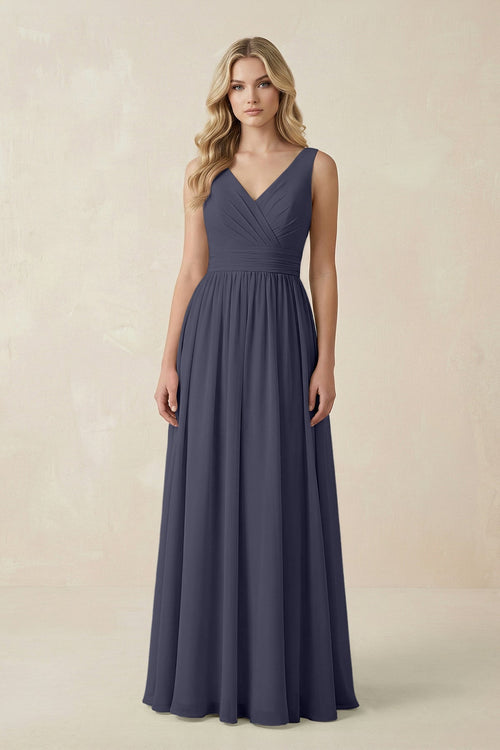 V - Neck A - Line Bridesmaid Dress with Back Bow in Dusk Blue - KissProm Bridesmaid Dresses
