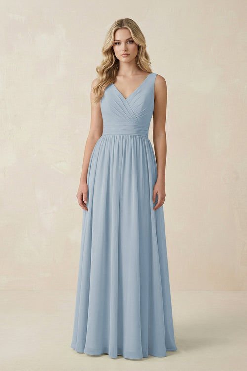 V - Neck A - Line Bridesmaid Dress with Back Bow in Dusty Blue - KissProm Bridesmaid Dresses