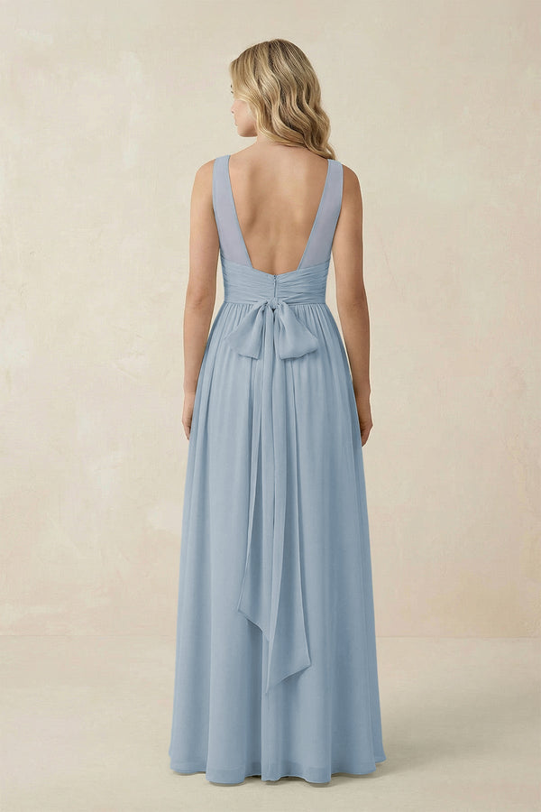 V - Neck A - Line Bridesmaid Dress with Back Bow in Dusty Blue - KissProm Bridesmaid Dresses