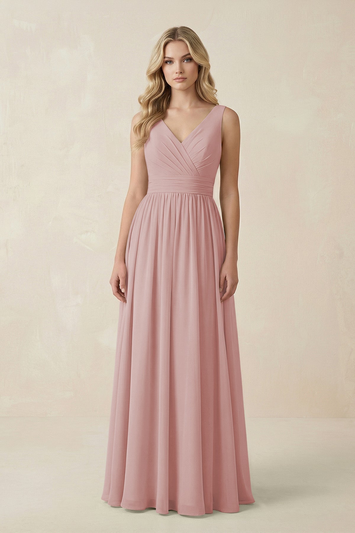 KissProm V-Neck A-Line Bridesmaid Dress with Back Bow in Dusty Rose, Dusty Rose / 12
