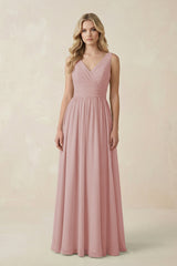V - Neck A - Line Bridesmaid Dress with Back Bow in Dusty Rose - KissProm Bridesmaid Dresses