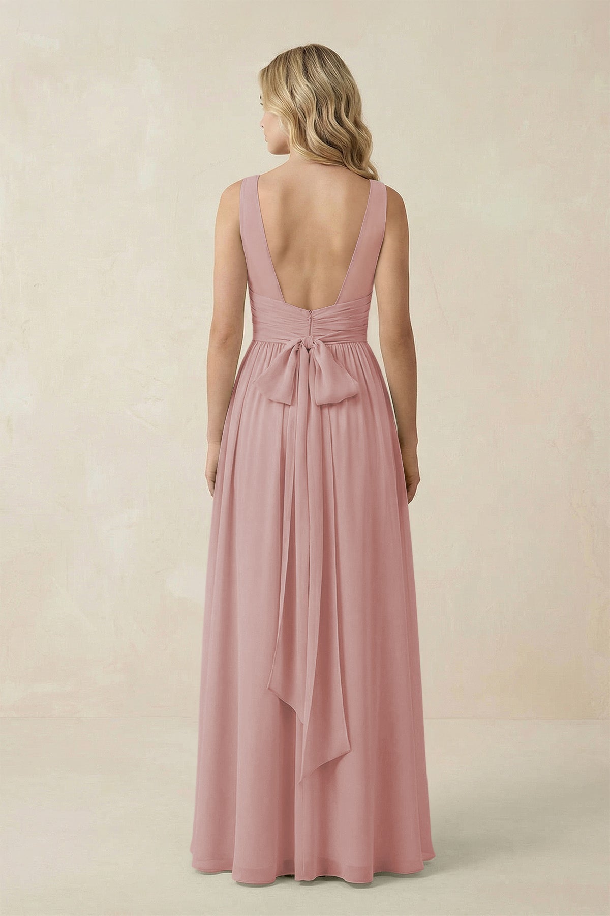 KissProm V-Neck A-Line Bridesmaid Dress with Back Bow in Dusty Rose, Dusty Rose / 12