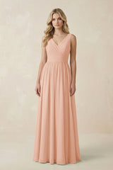 V - Neck A - Line Bridesmaid Dress with Back Bow in English Rose - KissProm Bridesmaid Dresses