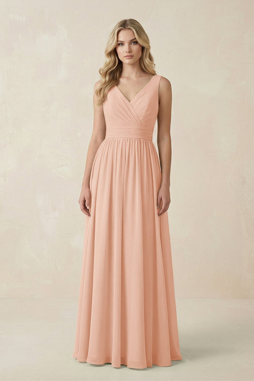 V - Neck A - Line Bridesmaid Dress with Back Bow in English Rose - KissProm Bridesmaid Dresses