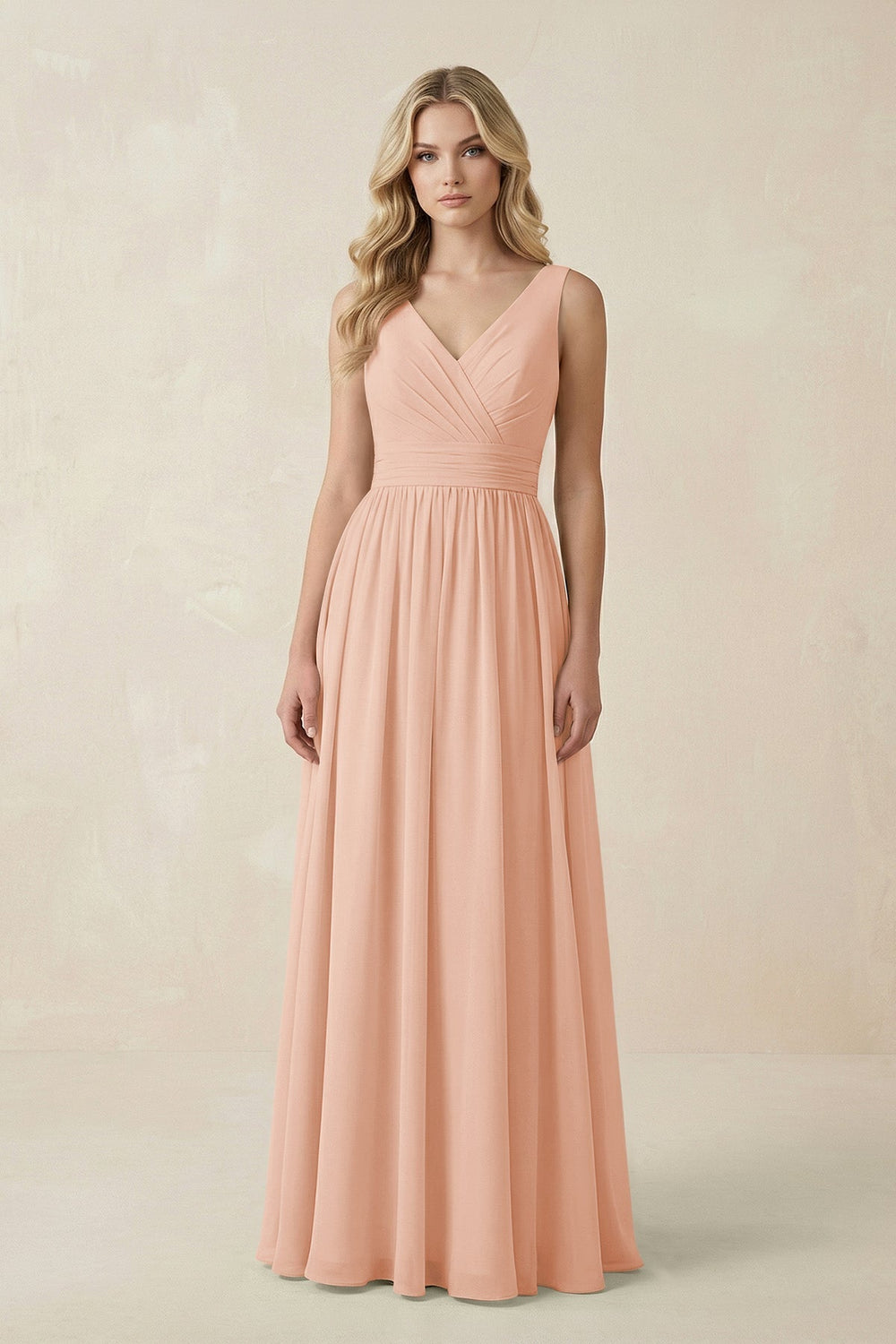 V - Neck A - Line Bridesmaid Dress with Back Bow in English Rose - KissProm Bridesmaid Dresses