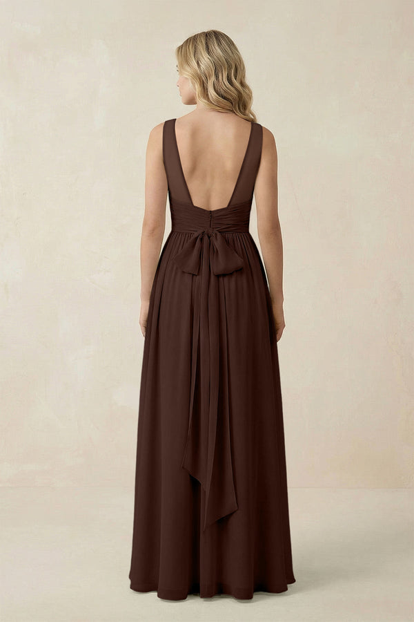 V - Neck A - Line Bridesmaid Dress with Back Bow in Espresso - KissProm Bridesmaid Dresses