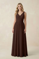 V - Neck A - Line Bridesmaid Dress with Back Bow in Espresso - KissProm Bridesmaid Dresses