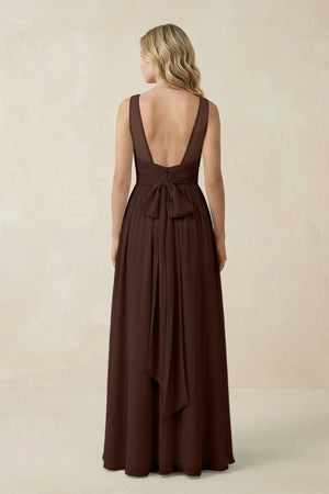 V - Neck A - Line Bridesmaid Dress with Back Bow in Espresso - KissProm Bridesmaid Dresses