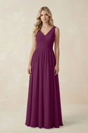 V - Neck A - Line Bridesmaid Dress with Back Bow in Fig - KissProm Bridesmaid Dresses