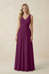 V - Neck A - Line Bridesmaid Dress with Back Bow in Fig - KissProm Bridesmaid Dresses