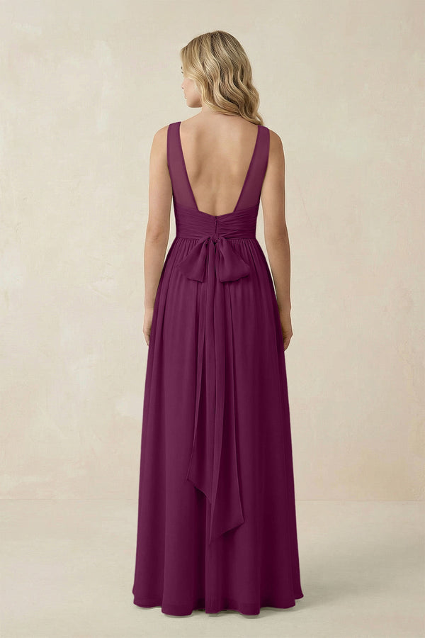 V - Neck A - Line Bridesmaid Dress with Back Bow in Fig - KissProm Bridesmaid Dresses