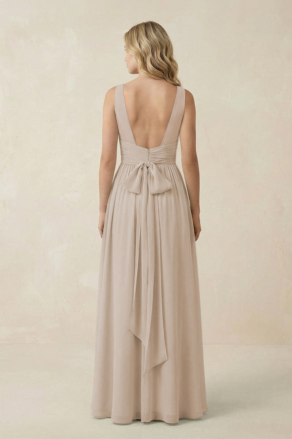 V - Neck A - Line Bridesmaid Dress with Back Bow in Frost - KissProm Bridesmaid Dresses