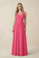 V - Neck A - Line Bridesmaid Dress with Back Bow in Fuchsia - KissProm Bridesmaid Dresses