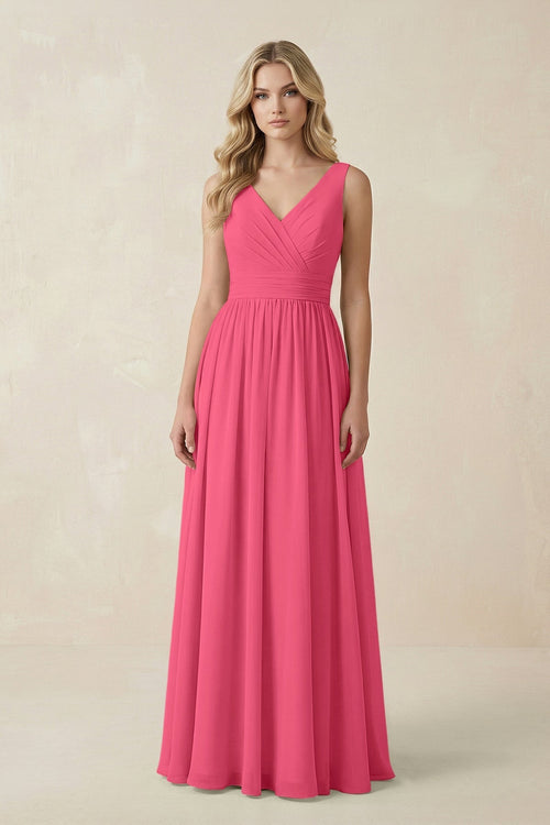 V - Neck A - Line Bridesmaid Dress with Back Bow in Fuchsia - KissProm Bridesmaid Dresses