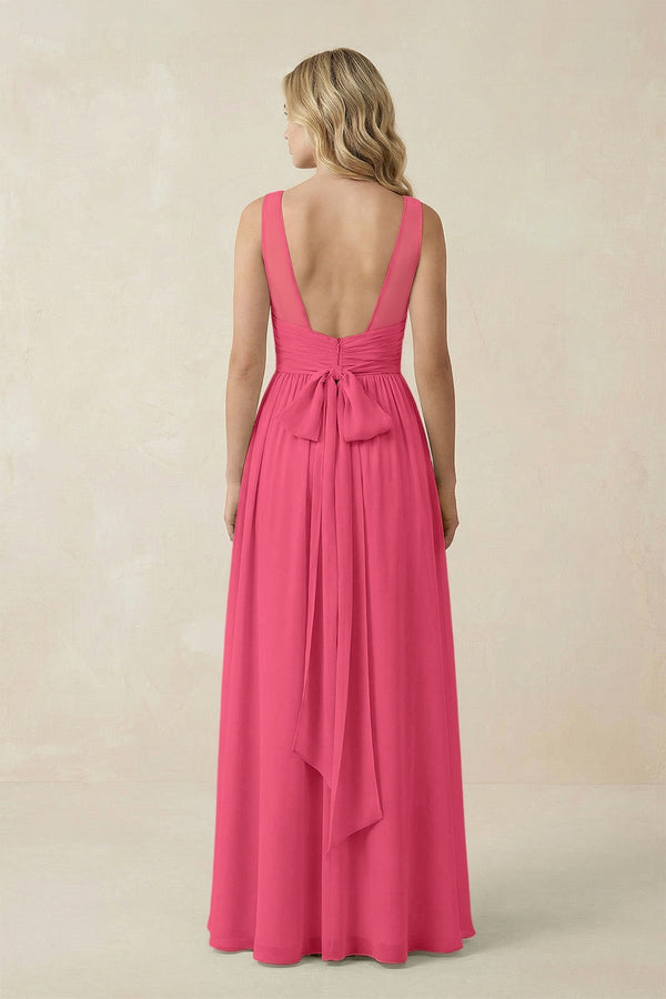 V - Neck A - Line Bridesmaid Dress with Back Bow in Fuchsia - KissProm Bridesmaid Dresses