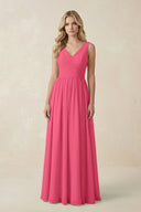 V - Neck A - Line Bridesmaid Dress with Back Bow in Fuchsia - KissProm Bridesmaid Dresses