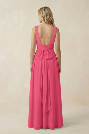 V - Neck A - Line Bridesmaid Dress with Back Bow in Fuchsia - KissProm Bridesmaid Dresses