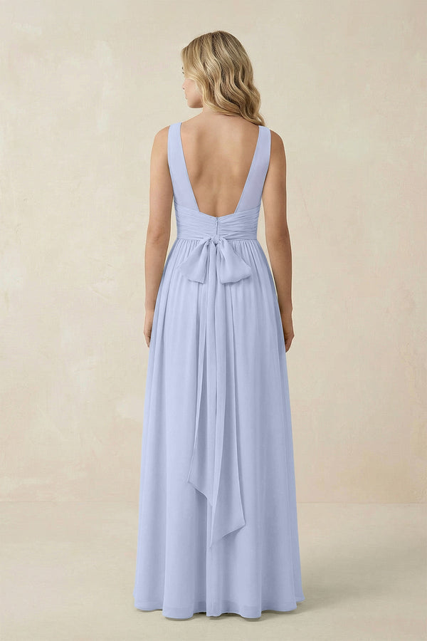 V - Neck A - Line Bridesmaid Dress with Back Bow in Ice - KissProm Bridesmaid Dresses