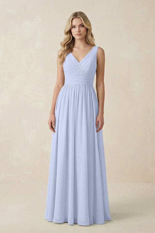 V - Neck A - Line Bridesmaid Dress with Back Bow in Ice - KissProm Bridesmaid Dresses
