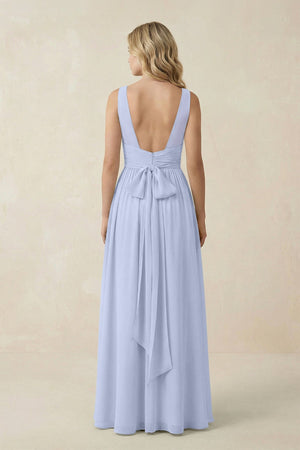 V - Neck A - Line Bridesmaid Dress with Back Bow in Ice - KissProm Bridesmaid Dresses