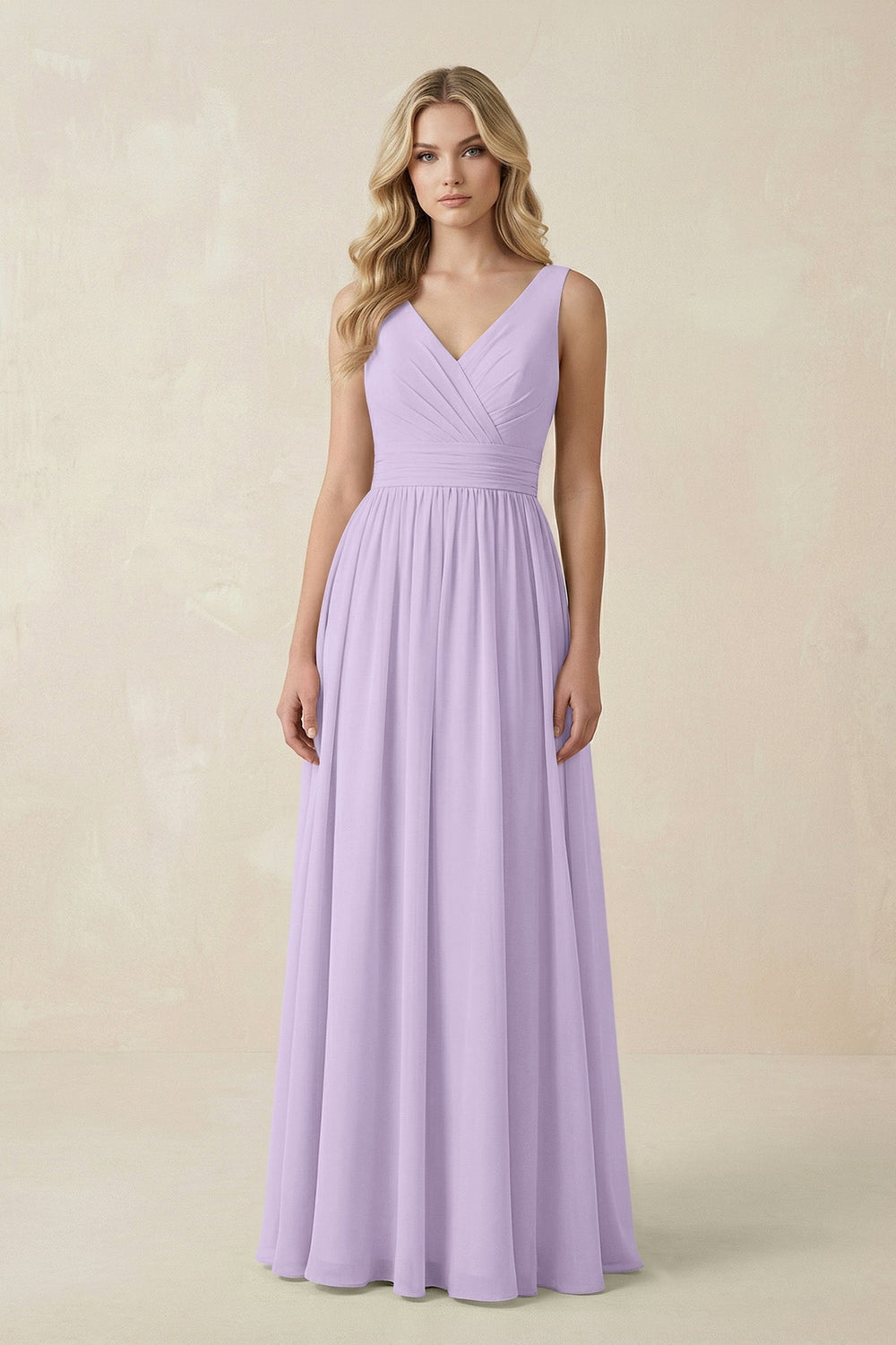 V - Neck A - Line Bridesmaid Dress with Back Bow in Lavender - KissProm Bridesmaid Dresses