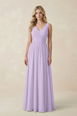 V - Neck A - Line Bridesmaid Dress with Back Bow in Lavender - KissProm Bridesmaid Dresses
