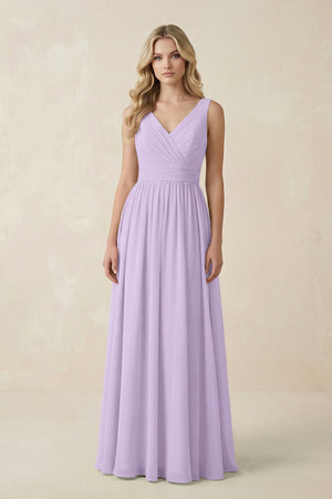V - Neck A - Line Bridesmaid Dress with Back Bow in Lavender - KissProm Bridesmaid Dresses