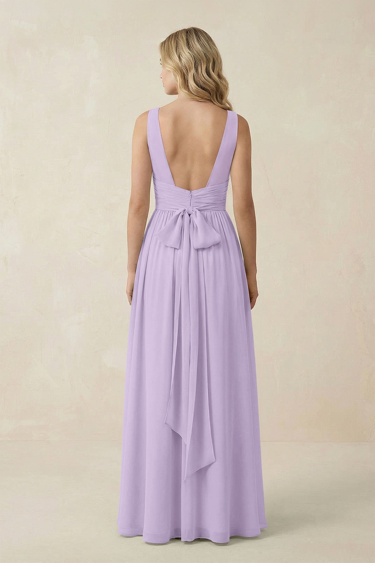 KissProm V-Neck A-Line Bridesmaid Dress with Back Bow in Lavender, Lavender / 10