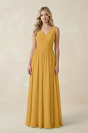V - Neck A - Line Bridesmaid Dress with Back Bow in Marigold - KissProm Bridesmaid Dresses