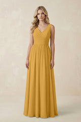 V - Neck A - Line Bridesmaid Dress with Back Bow in Marigold - KissProm Bridesmaid Dresses
