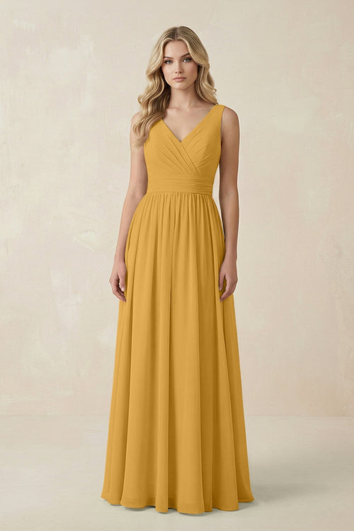 V - Neck A - Line Bridesmaid Dress with Back Bow in Marigold - KissProm Bridesmaid Dresses