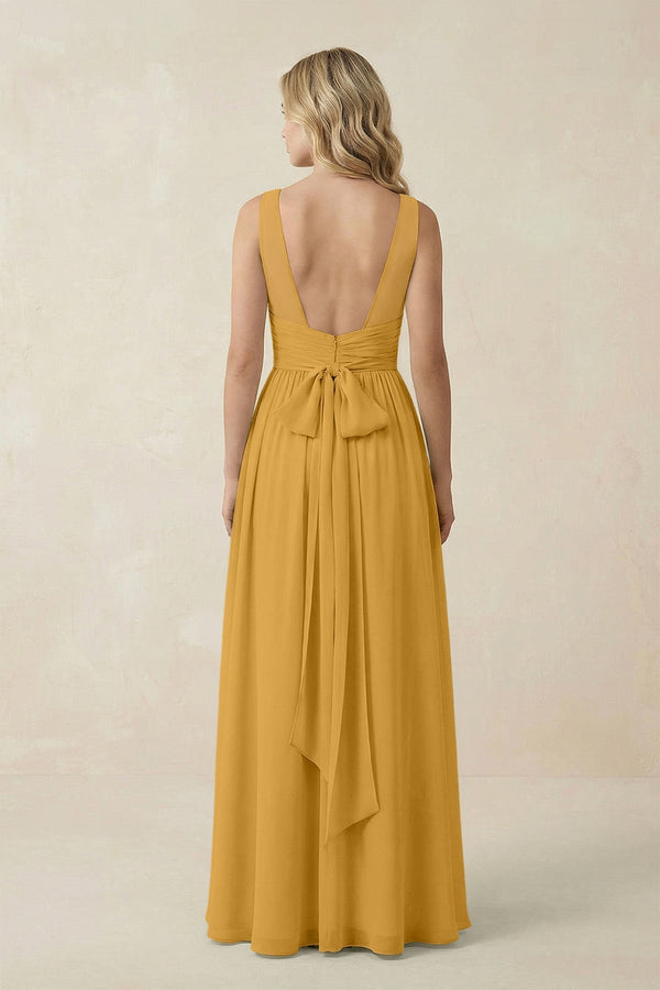 V - Neck A - Line Bridesmaid Dress with Back Bow in Marigold - KissProm Bridesmaid Dresses