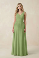 V - Neck A - Line Bridesmaid Dress with Back Bow in Matcha - KissProm Bridesmaid Dresses