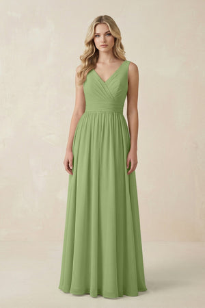 V - Neck A - Line Bridesmaid Dress with Back Bow in Matcha - KissProm Bridesmaid Dresses