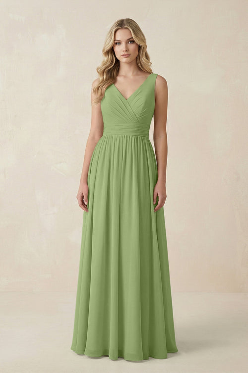 V - Neck A - Line Bridesmaid Dress with Back Bow in Matcha - KissProm Bridesmaid Dresses