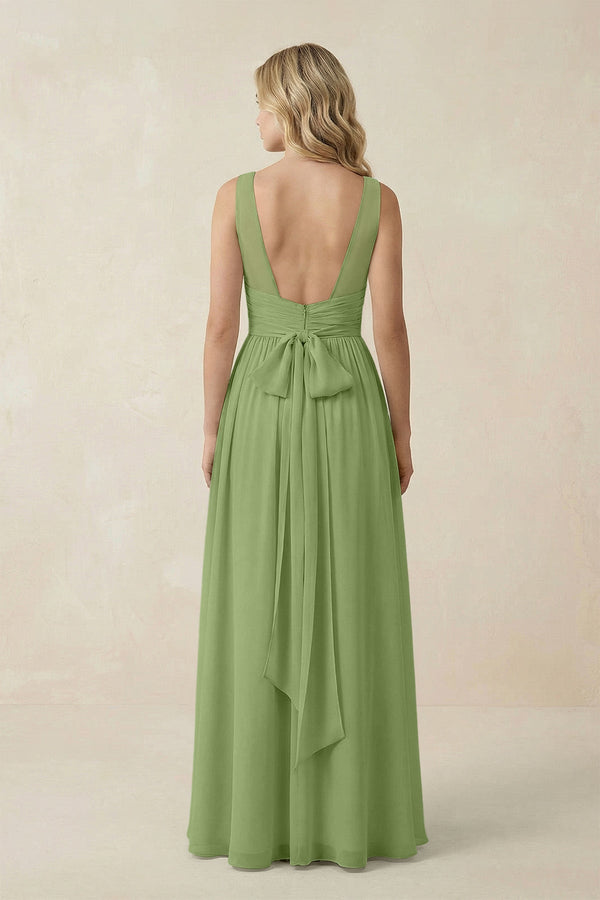V - Neck A - Line Bridesmaid Dress with Back Bow in Matcha - KissProm Bridesmaid Dresses