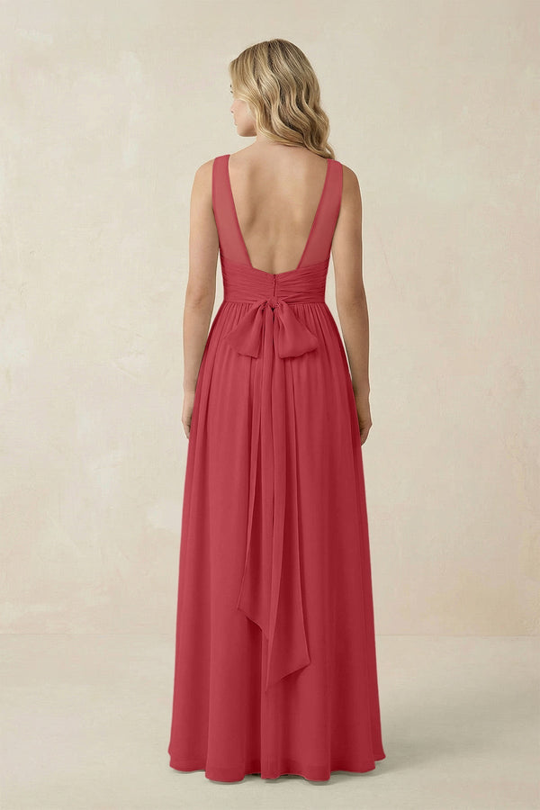 V - Neck A - Line Bridesmaid Dress with Back Bow in Merlot - KissProm Bridesmaid Dresses
