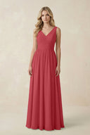 V - Neck A - Line Bridesmaid Dress with Back Bow in Merlot - KissProm Bridesmaid Dresses