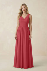 V - Neck A - Line Bridesmaid Dress with Back Bow in Merlot - KissProm Bridesmaid Dresses
