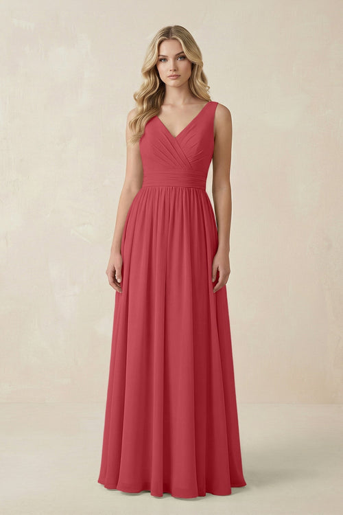 V - Neck A - Line Bridesmaid Dress with Back Bow in Merlot - KissProm Bridesmaid Dresses