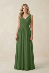 V - Neck A - Line Bridesmaid Dress with Back Bow in Moss - KissProm Bridesmaid Dresses