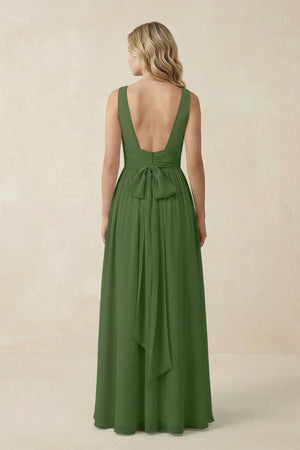 V - Neck A - Line Bridesmaid Dress with Back Bow in Moss - KissProm Bridesmaid Dresses